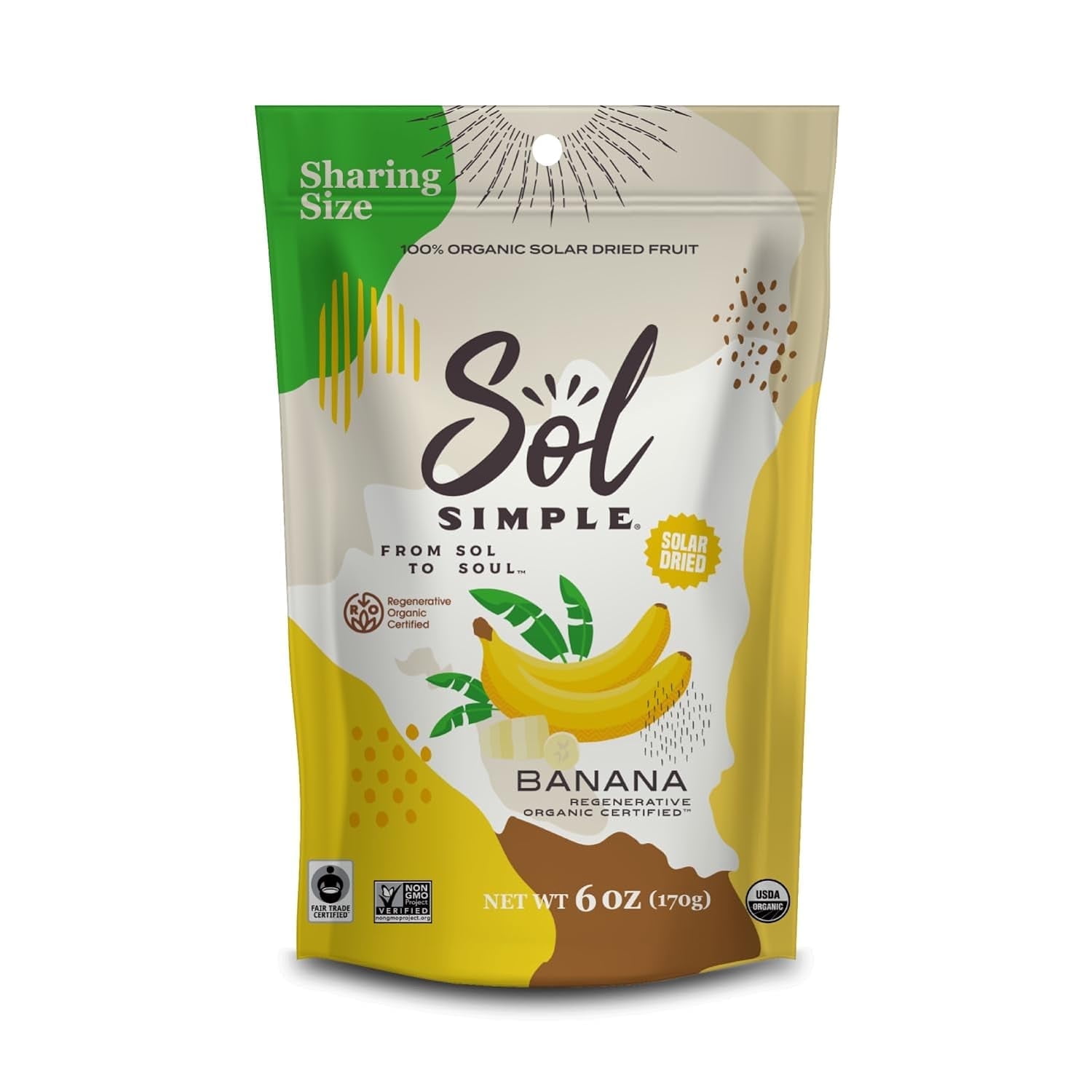 Sol Simple Organic Solar-Dried Fruit Bananas -- 6 oz Pack of 3