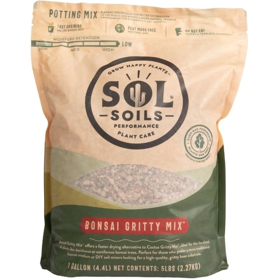 Sol Soils Gritty Bonsai Soil Potting Mix - Fast Draining and Peat Moss Free with Pine Bark, Granite, Pumice, & Calcined Clay for Indoor and Outdoor Plants - 1 Gallon