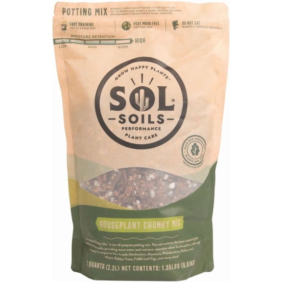 Sol Soils Chunky Houseplant Mix - Fast Draining Soil for Indoor Plants with Coco Coir Chips, Perlite, & Pumice, 2 Quart Pack of 18