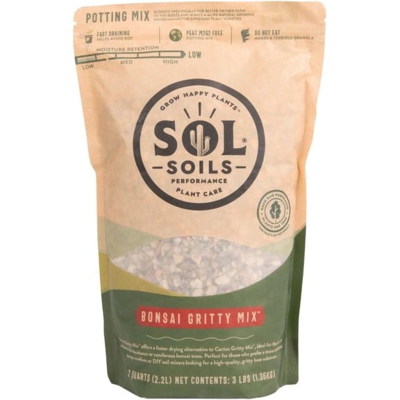 Sol Soils Bonsai Soil Potting Mix - Gritty, Fast Draining, Peat Moss Free - 2 Quarts - Pine Bark, Granite, Pumice, Calcined Clay