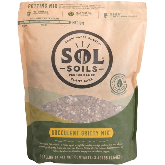 Sol Soils Succulent Gritty Mix 1 Gallon - Fast Draining Peat Moss Free Succulent Soil Potting Mix with Coconut Husk Chips, Perlite & Pumice