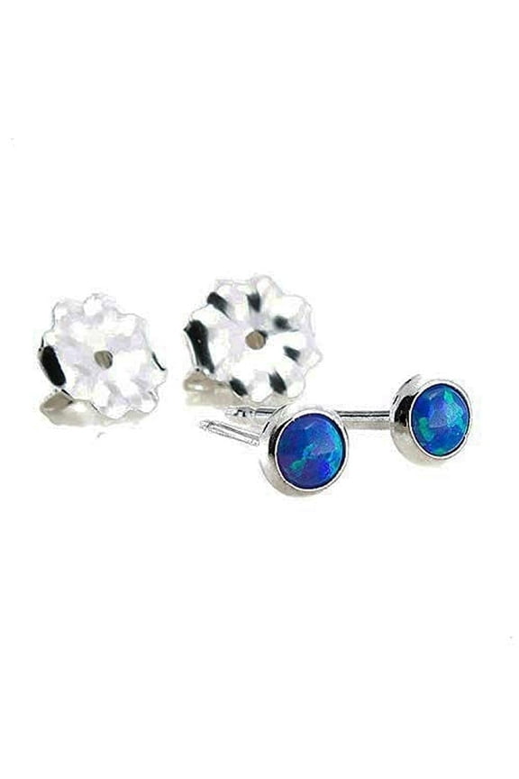 Dark Blue Opal Post Studs Bezel Set Earrings 925 Sterling Silver 3mm