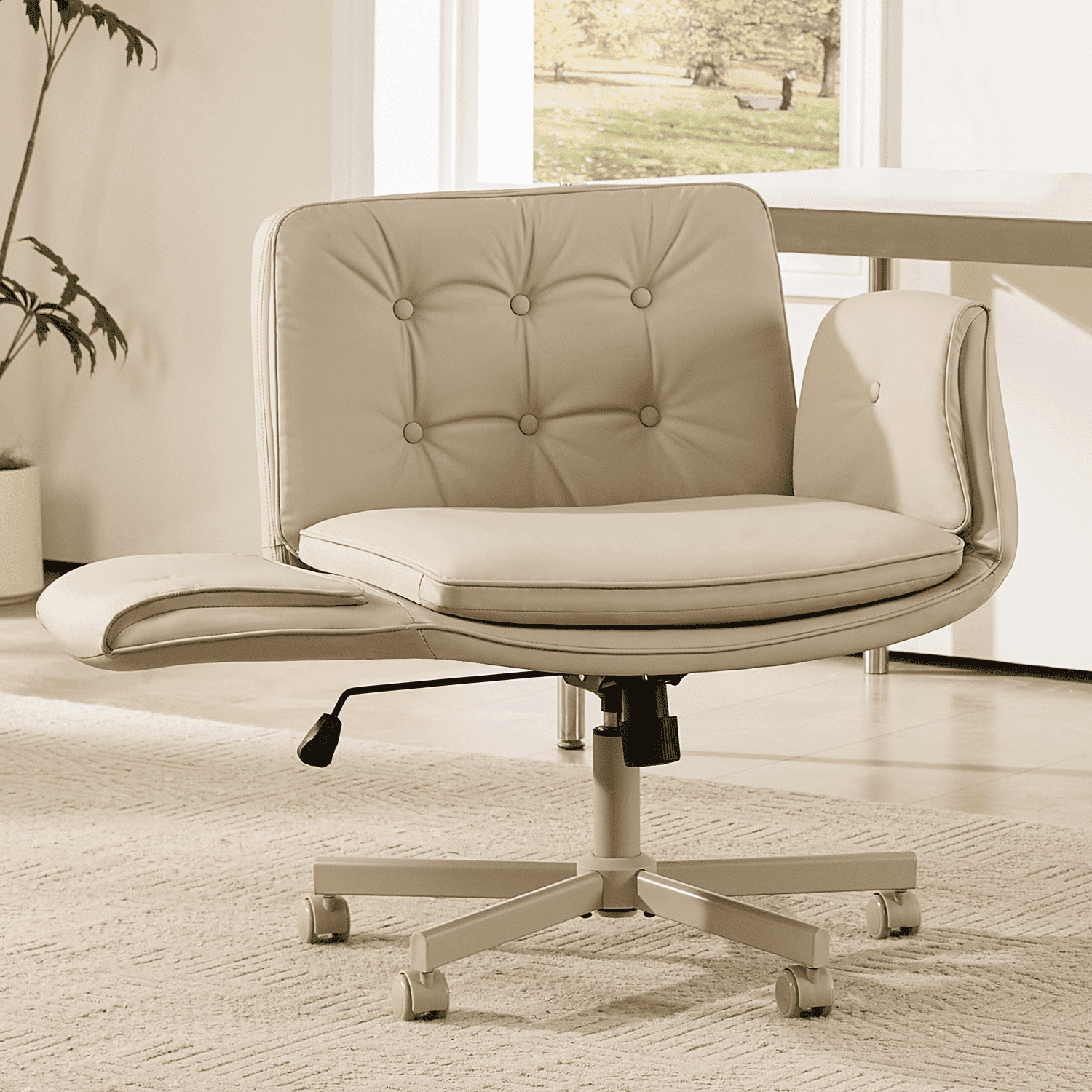 TMV Criss Cross Chair with Wheels & Armrests, Comfy Wide Vanity Chair, PU Leather Cross Legged Desk Chair, Height Adjustable Computer Office Desk Chairs for Home＆Makeup＆Bedroom，Cream