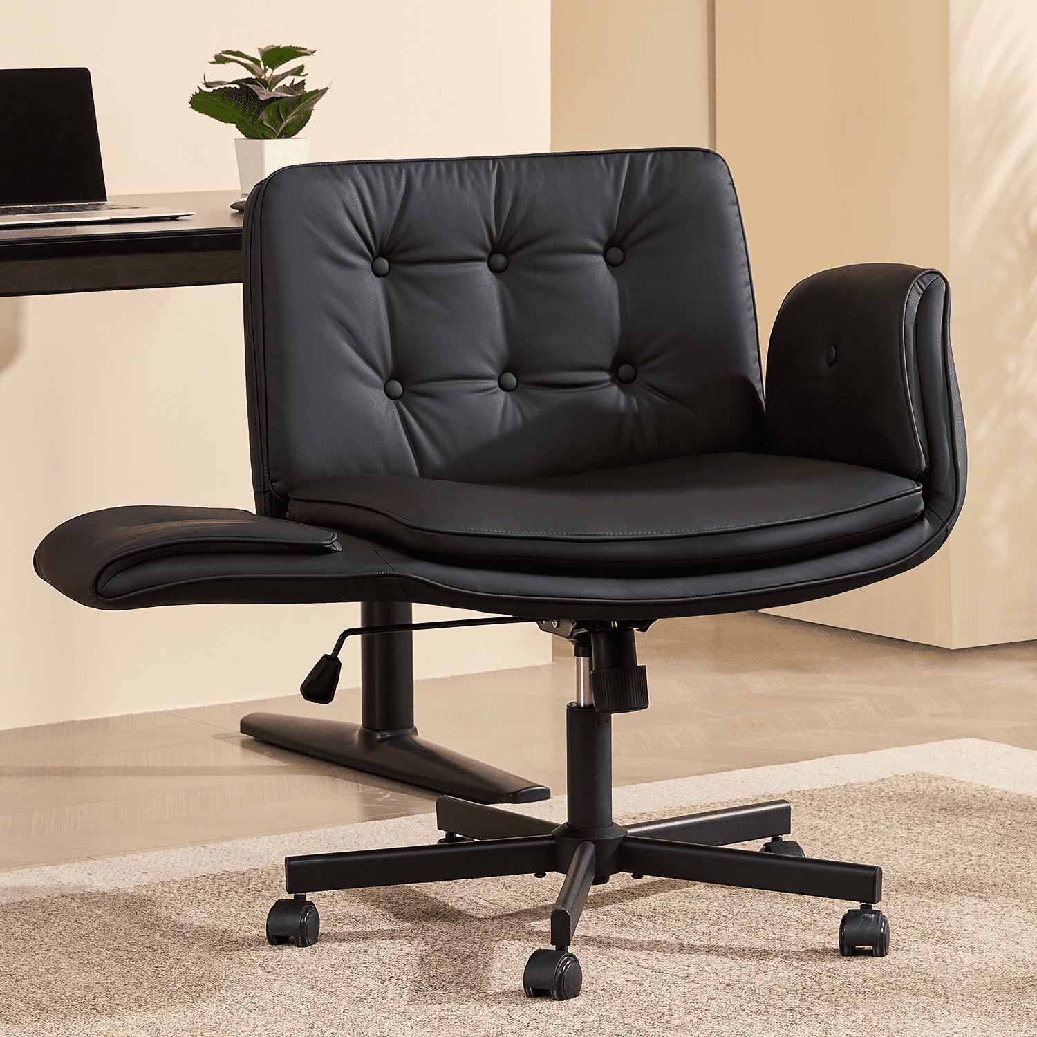 TMV Criss Cross Chair with Wheels & Armrests, Comfy Wide Vanity Chair, PU Leather Cross Legged Desk Chair, Height Adjustable Computer Office Desk Chairs for Home＆Makeup＆Bedroom，Black