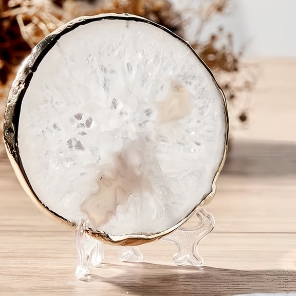 SolTerra 1-Piece Natural Agate Coaster, White Geode Crystal Slice Drink Coaster, Unique Gemstone Cup Mat for Coffee Mugs, Desk Accessory, Home Decor Gift