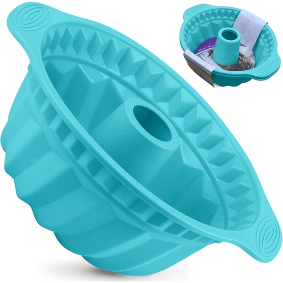 SolTerra 2 PCS 9.5 Inch Silicone Cake Pans, Non-stick Fluted Cake Pan with Sturdy Handle, Cake Baking Molds, Perfect Bakeware for Cake, Jello, Gelatin, Bread, Para Gelatinas (Blue)