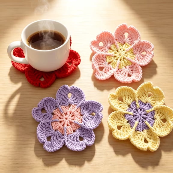 SolTerra 4Pcs Hand Crochet Cherry Coasters, Cute Japanese Style Desktop Anti-Slip Drink Pads, Woven Mug Mats & Bestie Gifts