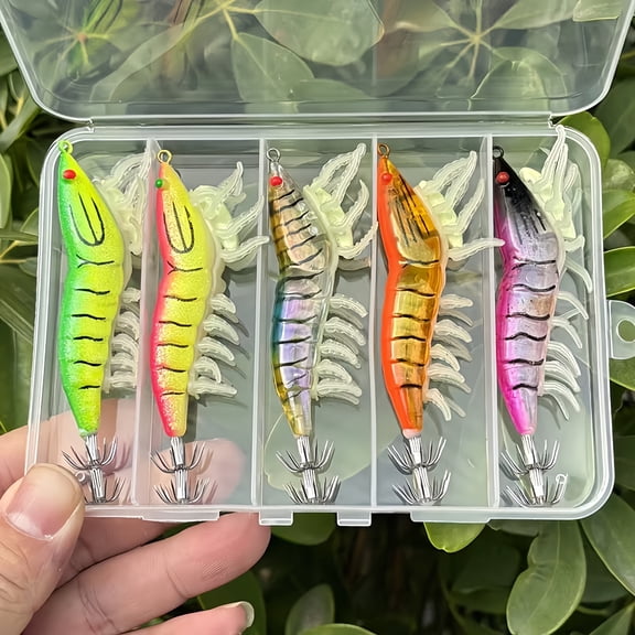 SolTerra 5-Piece Bionic Shrimp Fishing Lures Set, Luminous Saltwater Baits with Rattling Beads and Glow Soft Legs, Mixed Colors