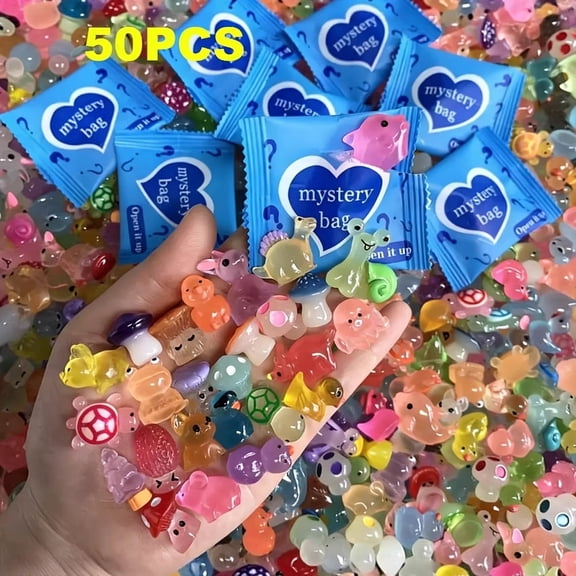 SolTerra 50 Pack Glow in the Dark Mini Resin Animals Mystery Blind Bags, Assorted Cute Luminous Tiny Figurines Bulk Surprise Toys for Adults, Students & Party Favors