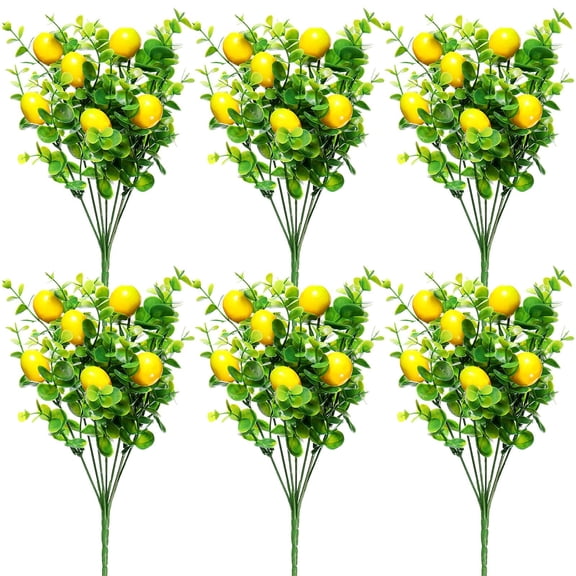 SolTerra 6 Pcs Artificial Lemon Branches for Vase, Fake Lemon Stems with Green Leaves, Faux Fruit Floral Arrangement for Spring Summer Home Kitchen Decor and Table Centerpiece