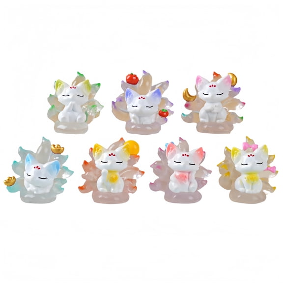 SolTerra 7 Pcs Miniature Nine-Tailed Fox Figurines, Translucent Resin Kitsune Micro Landscape Accessories for Fairy Gardens, Terrariums, and Dioramas