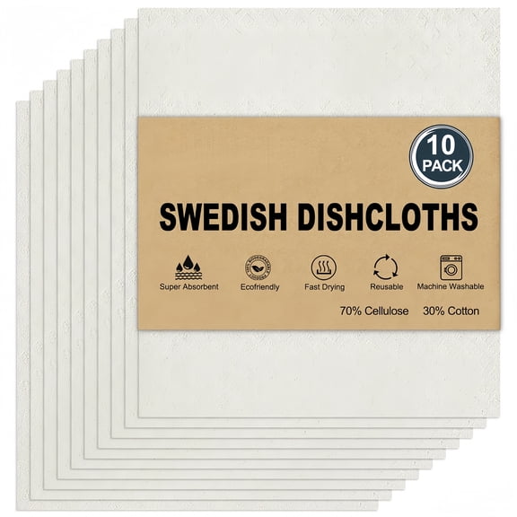 SolTerra Swedish Dishcloths for Kitchen | 10 Pack Absorbent Cellulose Sponge Cloths Washable | Non-Scratch Reusable Paper Towels Quick Drying Cleaning Rag - White