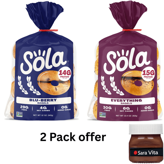 Sola Bread Blu-Berry Bagels, Non-GMO, 12 oz, 4 Count | Sola Bread Wheat Everything Bagels, Non-GMO, 12.4 oz, 4 Count