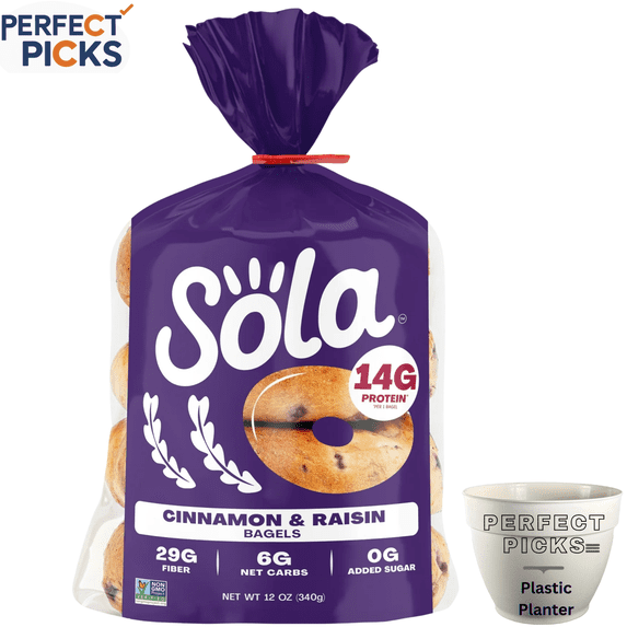 Sola Bread Cinnamon & Raisin Soft Bagels, Non-GMO, 12 oz, 4 Count, Include 1 Plastic Planter