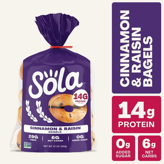 Sola Bread Cinnamon & Raisin Soft Bagels, Non-GMO, 12 oz, 4 Count
