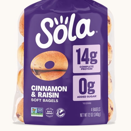 Sola Cinnamon and Raisin Protein Bagels, 14g Complete Protein, 12oz, 4 Count