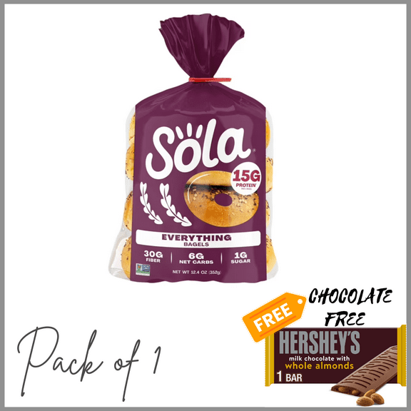 Sola Bread Wheat Everything Bagels, Non-GMO, 12.4 oz, 4 Count ( PACK OF 1 ) FREE CHOCOLATE HERSHEY'S