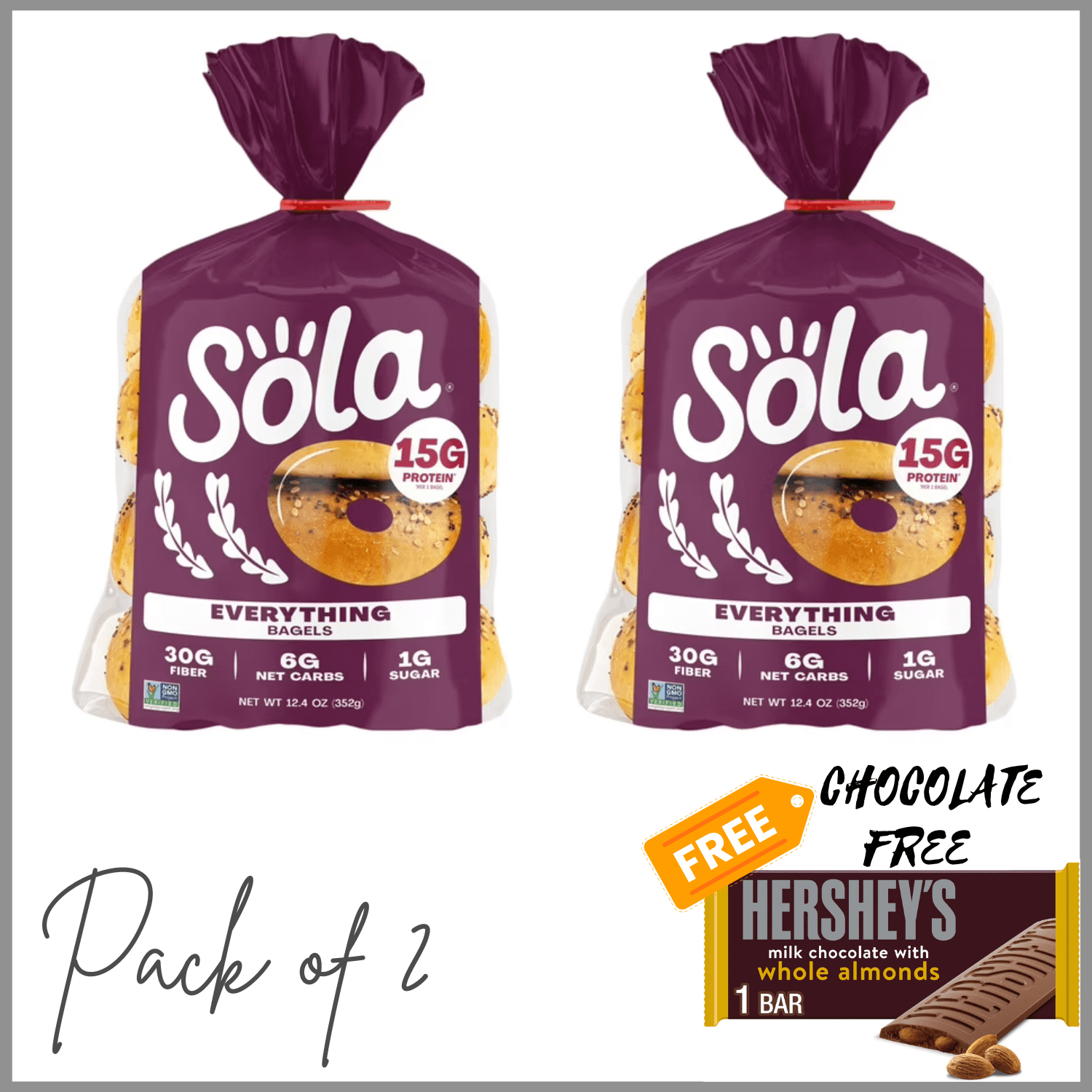 Sola Bread Wheat Everything Bagels, Non-GMO, 12.4 oz, 4 Count ( PACK OF 2 ) FREE CHOCOLATE HERSHEY'S