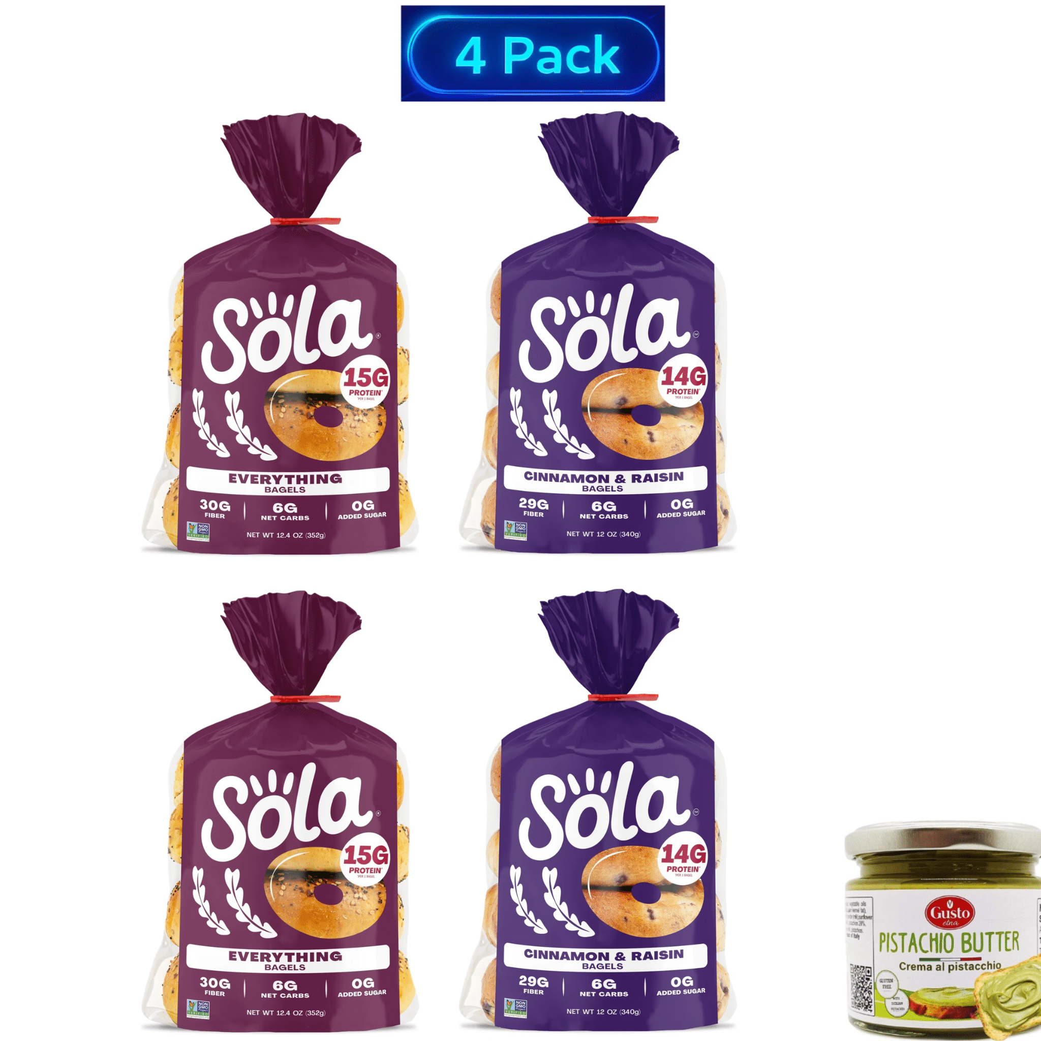 Sola Bread Wheat Everything Bagels, Non-GMO, 12.4 oz, 4 Count | Sola Bread Cinnamon & Raisin Soft Bagels, Non-GMO, 12 oz, 4 Count