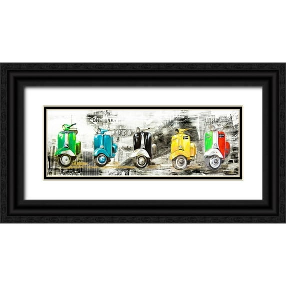 Sola, Bresso 32x14 Black Ornate Wood Framed with Double Matting Museum Art Print Titled - Vespa in NY