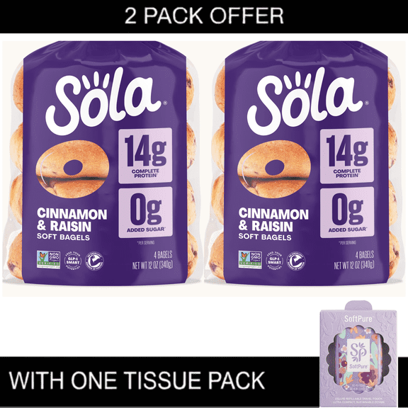 Sola Cinnamon and Raisin Protein Bagels, 14g Complete Protein, 12oz, 4 Count Bag