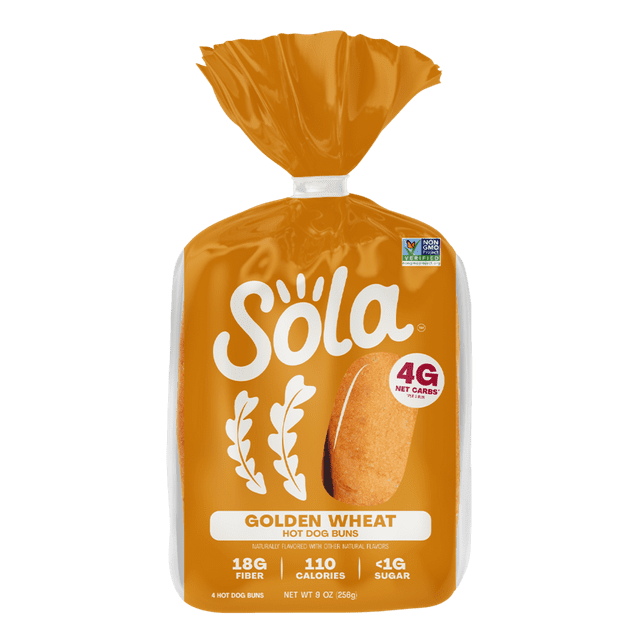 Sola Golden Wheat Hot Dog Buns, Non-GMO, 9 oz, 4 Count