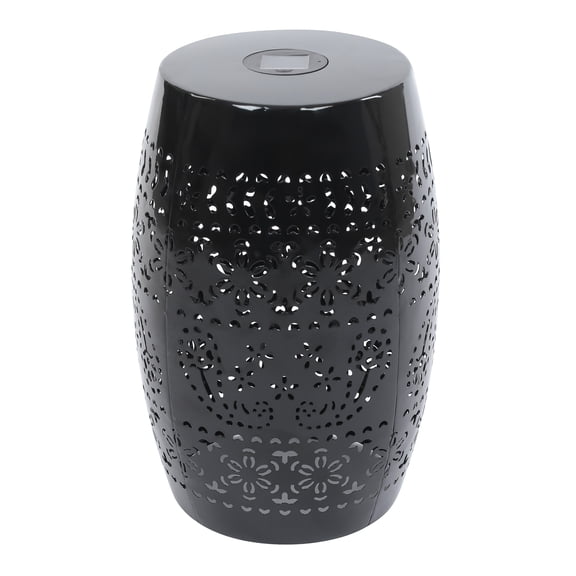 Sola Side Table, Solar Powered Light, 18 Inch Barrel Shaped Black Iron