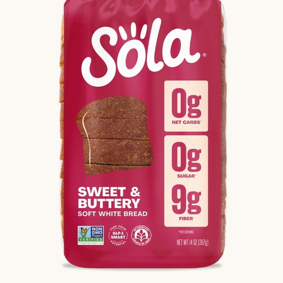 Sola Sweet and Buttery Bread, 0g Net Carb White Bread, Non-GMO, 14oz Loaf