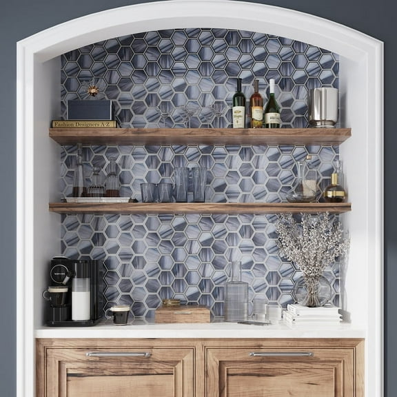 Solace 9 x 10 in. Matte Silver Midnight Blue Glass Mosaic Hexagon Wall and Floor Tile (3.28 sq ft/case) - 5 Pack