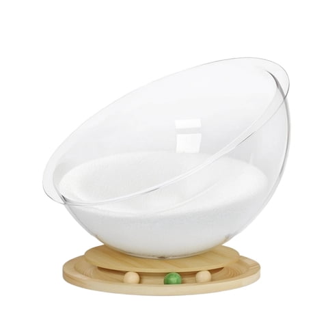 Solace Acrylic Cat Bowl Bed with Rolling Toy Track Interactive Wooden Base Furniture for Kittens