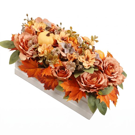Solace Artificial Fall Centerpiece Rectangular Planter Box with Faux Pumpkins Maple Leaf Ornament Flower Arrangement for Dining Room Living Room Entry Table Home Decoration