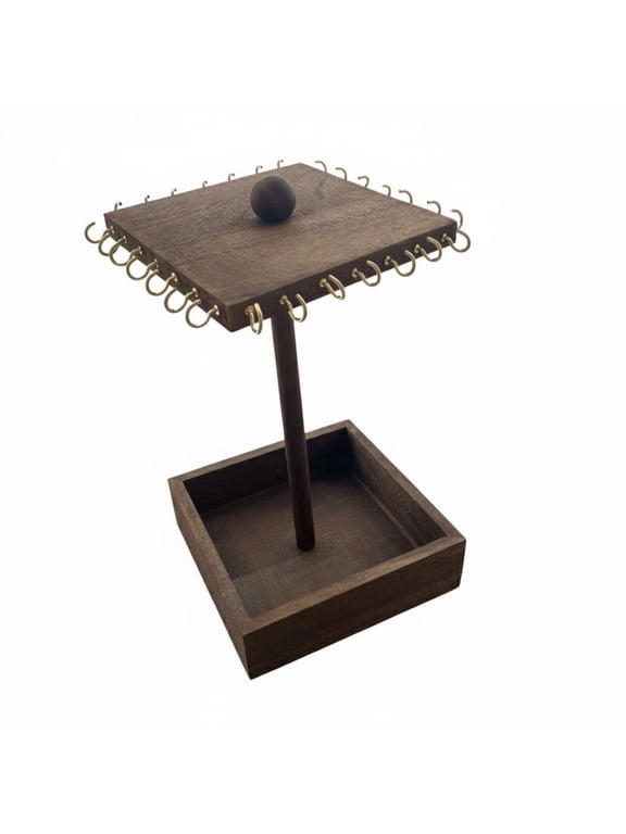 Rotating Wooden Jewelry Display Stand with 28 Sturdy Hooks Built in Tray for Earrings Watches Keychains for Vanity Countertop Organization