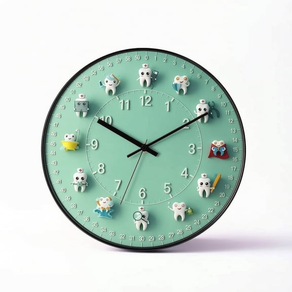 Solace Tooth Wall Clock Decorative Oral Health Clock Wood Look Frame Turquoise Face Silent for Kids Room Pediatric Clinic