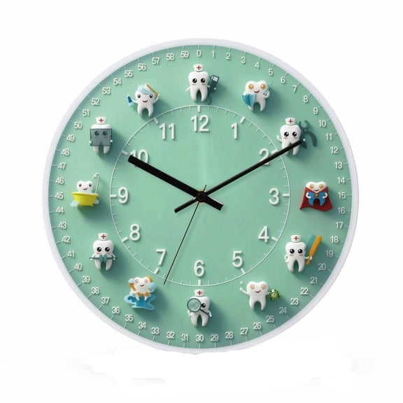 Solace Tooth Wall Clock Decorative Oral Health Timepiece Wood Look Turquoise Face for Kids Rooms