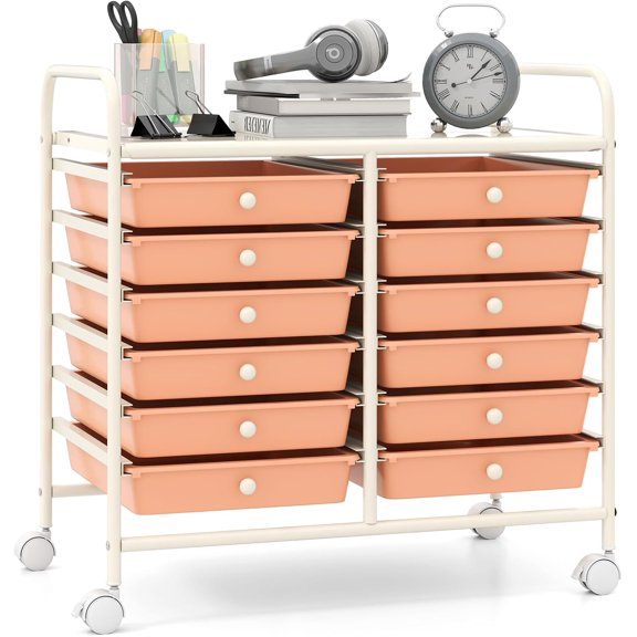 SolaceHue 12 Drawers Rolling Cart, Mobile Storage Drawer Cart, Classroom Organizer Cart for Office School Supplies Tools Scrapbook Paper Craft Small Printer, Utility Cart on Wheels, Peach Fuzz