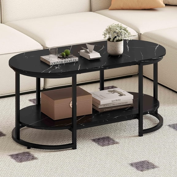 SolaceHue 2-Tier Coffee Table, Oval Center Table with Faux Marble Top & Open Storage Shelf, Modern Accent Table with Heavy Duty Metal Frame, Cocktail Table for Living Room Reception (Black Marble)