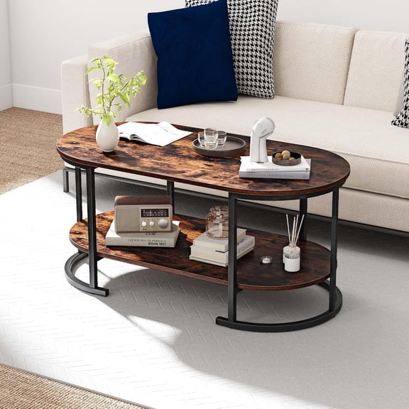 SolaceHue 2-Tier Coffee Table, Oval Center Table with Wood Grain Top & Open Storage Shelf, Modern Accent Table with Heavy Duty Metal Frame, Cocktail Table for Living Room Reception (Rustic Brown)