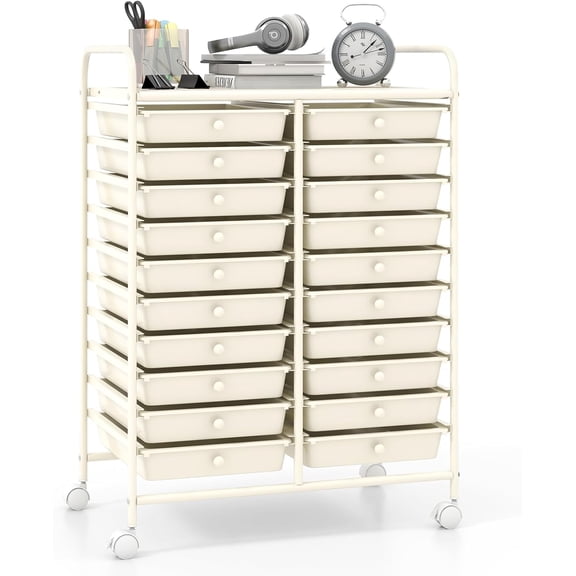 SolaceHue 20 Drawers Rolling Cart, Mobile Storage Drawer Cart, Classroom Organizer for Office School Supplies Tools Scrapbook Paper Craft Small Printer, Utility Stand on Wheels, Ivory White