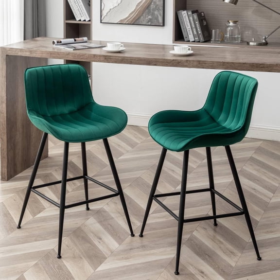 SolaceHue 24 Inches Velvet Upholstered Island Stools, Bartools Set of 2, Fabric Counter Stools with Back, Counter Height Bar Chairs with Black Legs for Home Kitchen Island, Green.