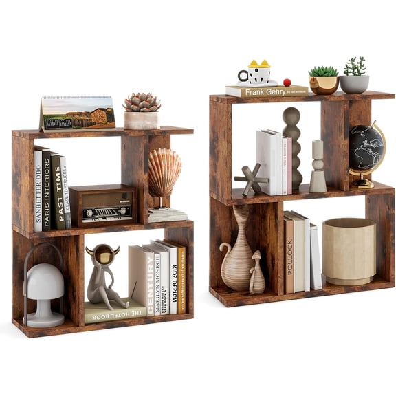SolaceHue 3-Tier S-Shaped Bookshelves Set of 2, Modern Geometric Bookcase, Freestanding Display Shelf for Small Space, Versatile Side Table, Wooden Storage Organizer for Home, Rustic Brown
