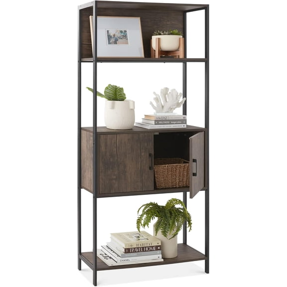 SolaceHue 4-Tier Bookshelf, Tall Bookcase, Wood Storage Cabinet for Living Room, Bedroom, Entryway, Home Office w/Cabinet, Enclosed Storage, Shelf Space, Metal Sturdy Frame - Dark Walnut