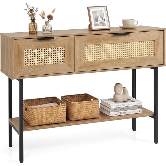 SolaceHue 40” Rattan Console Table, Narrow Long Entryway Table with Storage Shelf, 2 Flip Door Cabinets, Metal Frame, Boho, Farmhouse Behind Couch Sofa Tables for Living Room, Hallway (Natural)