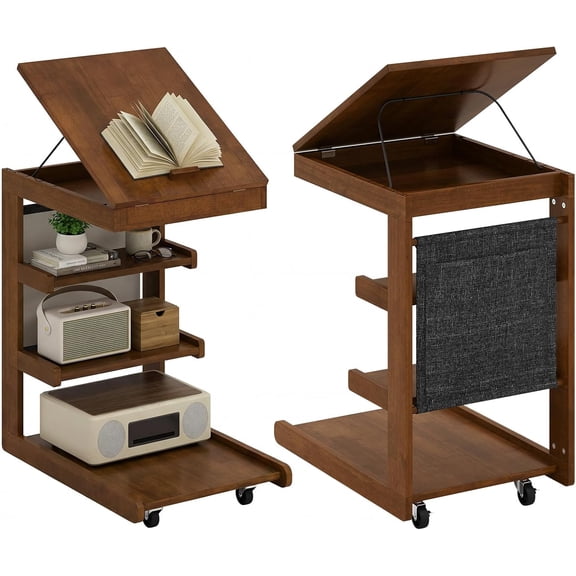 SolaceHue C-Shaped End Table with Wheels, Set of 2 Wood Rolling Side Table w/Adjustable Desktop, Edge Stopper, Side Pocket & 3 Storage Shelves, Sofa Couch Bedside TV Tray for Living Room(Brown)