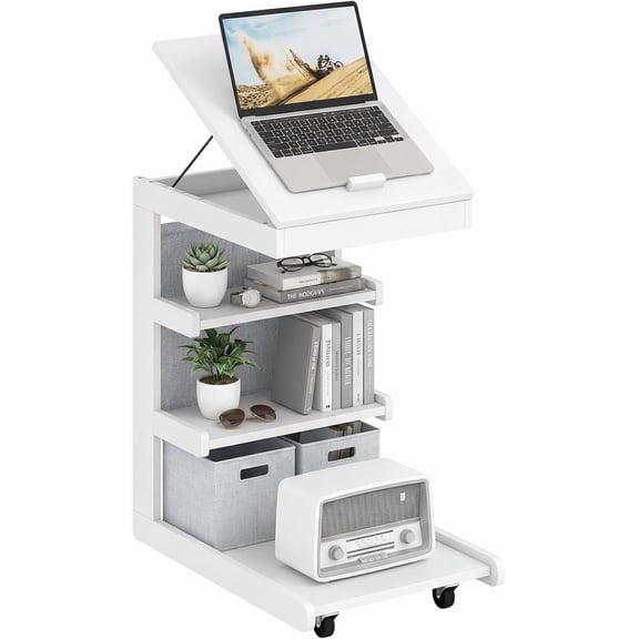 SolaceHue C-Shaped End Table with Wheels, Wooden Rolling Side Table w/Adjustable Desktop, Edge Stopper, Side Pocket & 3 Storage Shelves, Sofa Couch Bedside TV Tray for Living Room Bedroom (White,1)