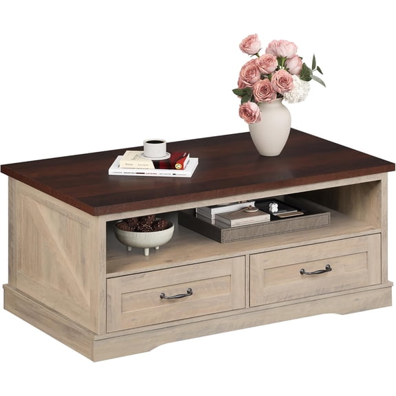 SolaceHue Coffee Table for Living Room, 43" Framhouse Coffee Table with 2 Storage Drawers, Modern Center Table with Open Display Area, Elegant Curved Base, Grey