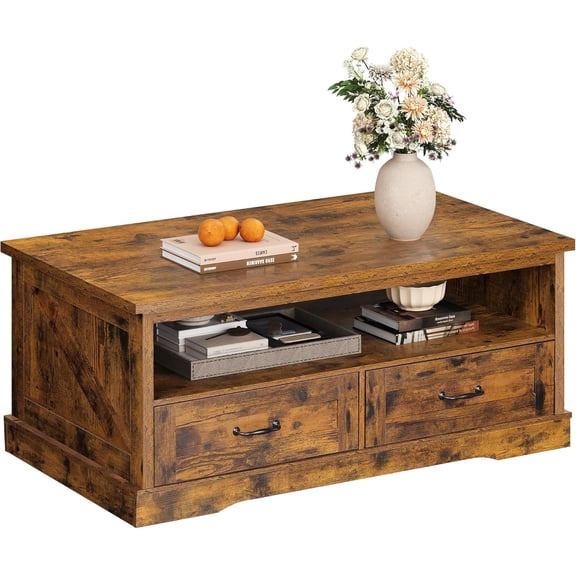 SolaceHue Coffee Table for Living Room, 43" Framhouse Coffee Table with 2 Storage Drawers, Modern Center Table with Open Display Area, Elegant Curved Base, Rustic Brown