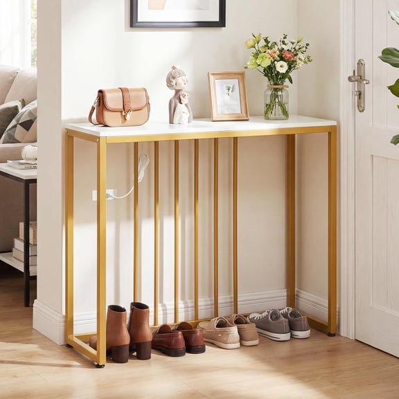 SolaceHue Console Table with Charging Station, 39" Gold Narrow Entryway Table with Heavy-Duty Metal Frame, Modern Behind Couch Sofa Tables, Entry Tables for Living Room, Hallway, Foyer, Entrance
