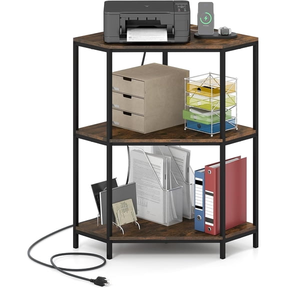 SolaceHue Corner Printer Stand, 3-Tier Corner Shelf with Charging Station and Metal Frame, Small Industrial Bookshelf, Printer Table for Living Room, Kitchen, Home Office (1)