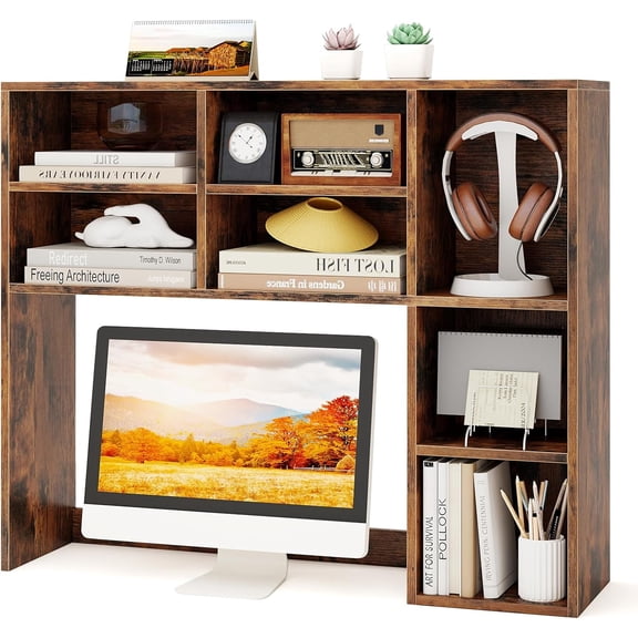 SolaceHue Desktop Bookshelf, 37" Countertop Storage Hutch with 7 Cubes & 3 Adjustable Shelves, 3-Tier Desk Display Rack Organizer, Multipurpose Wood Desktop Hutch for Dorm Home Office (Rustic Brown)