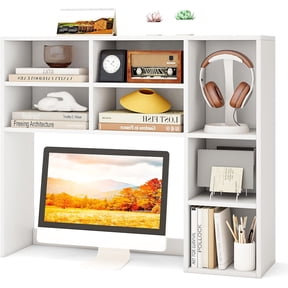 SolaceHue Desktop Bookshelf, 37" Countertop Storage Hutch with 7 Cubes & 3 Adjustable Shelves, 3-Tier Desk Display Rack Organizer, Multipurpose Wood Desktop Hutch for Dorm Home Office (White)